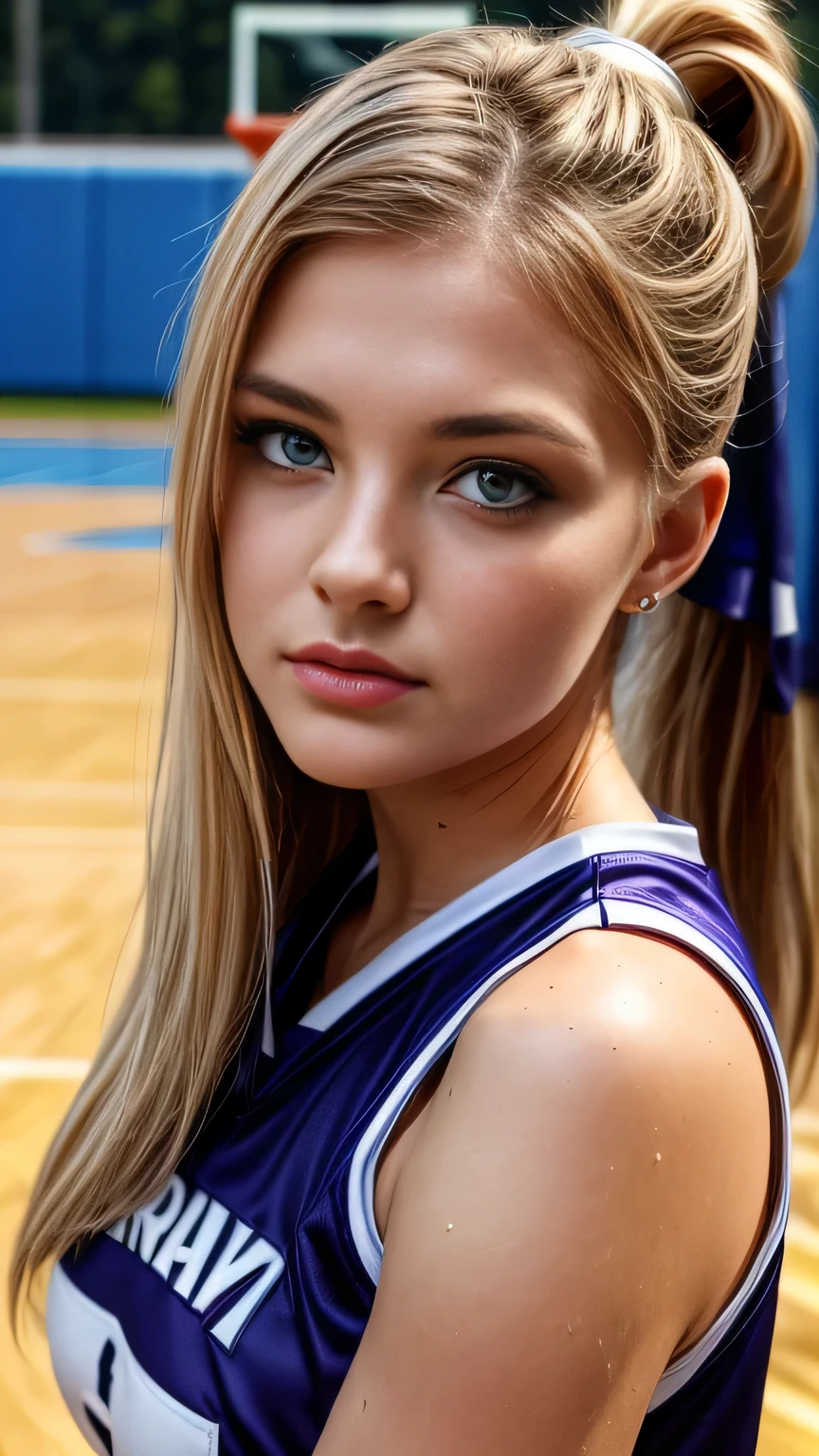 A charming 25-year-old Danish woman ,complete, A voluptuous figure and especially large breasts, Big Tits､Her body remains well-proportioned and attractive even in middle age.. Her captivating looks are enhanced by her blonde hair and eyes. .She has a ponytail hairstyle、Very large breasts､1girl, (((A very beautiful 25-year-old Danish woman))), cute、Looking at this､ ((Beautiful low ponytail)), Detailed face､Detailed body､とってもcute顔, Glossy Lips, Double eyelids on both eyes,Natural Face、 Natural Makeup, Long eyelashes, Shiny and smooth hair､Perfect limbs, Perfect Anatomy,(((Basketball Sleeveless Uniform)))、,(Wet with sweat), masterpiece, 最high quality, high quality, High resolution,sexy､On the outdoor basketball court､ ((Face close-up))､Face close-up