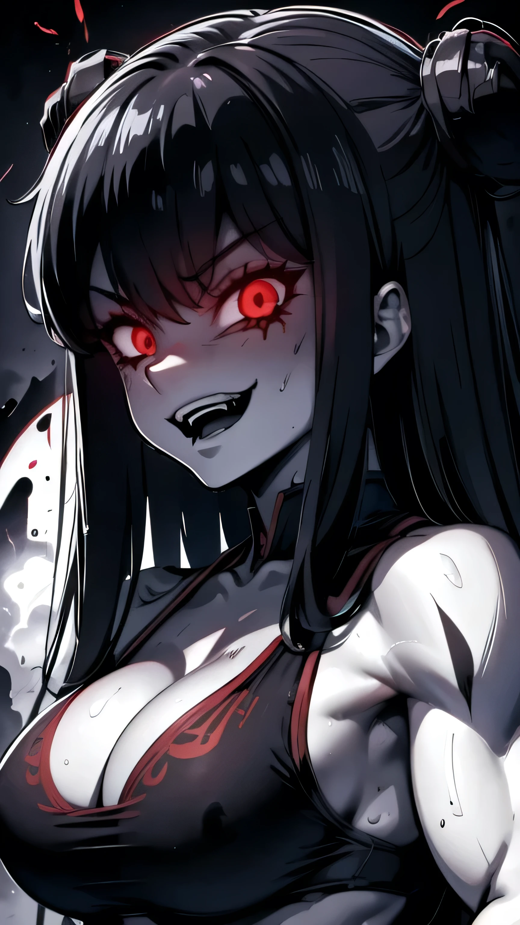 shampoo, fitness, muscular woman, sexy, beautiful, evil expression, evil eyes, big evil smile, grim, sadistic, maniac, insane, insanity, mad, , red glowing eyes, gesugao, portrait, close up, greyscale, black and white