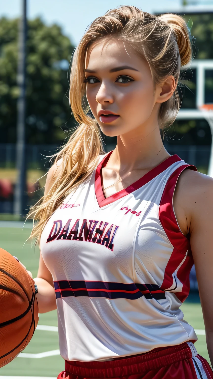 A charming 25-year-old Danish woman ,complete, A voluptuous figure and especially large breasts, Big Tits、Her body remains well-proportioned and attractive even in middle age.. Her captivating looks are enhanced by her blonde hair and eyes. .She has a ponytail hairstyle、Very large breasts、1girl, (((A very beautiful 25-year-old Danish woman))), cute、Looking at this、 ((Beautiful low ponytail)), Detailed face、Detailed body、とってもcute顔, Glossy Lips, Double eyelids on both eyes,Natural Face、 Natural Makeup, Long eyelashes, Shiny and smooth hair、Perfect limbs, Perfect Anatomy,(((Basketball Sleeveless Uniform)))、,(Wet with sweat), masterpiece, 最high quality, high quality, High resolution,sexy、On the outdoor basketball court、 ((Face close-up))、Face close-up