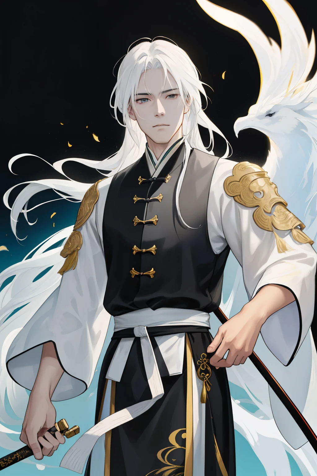 Browsing Caution, first work, Better Quality, Ultra-detailed, Semi-realist, Detailed facial features,Wearing the costume of an ancestor of Wuxia,Very long, white hair,Black, cold eyes,Unparalleled beauty, A man who is feminine,neutral,powerful,Wuxia clothing that shows off the body beautifully,arrogant,Hall々Standing in a posture with, Living in a heavenly world that shines in gold;