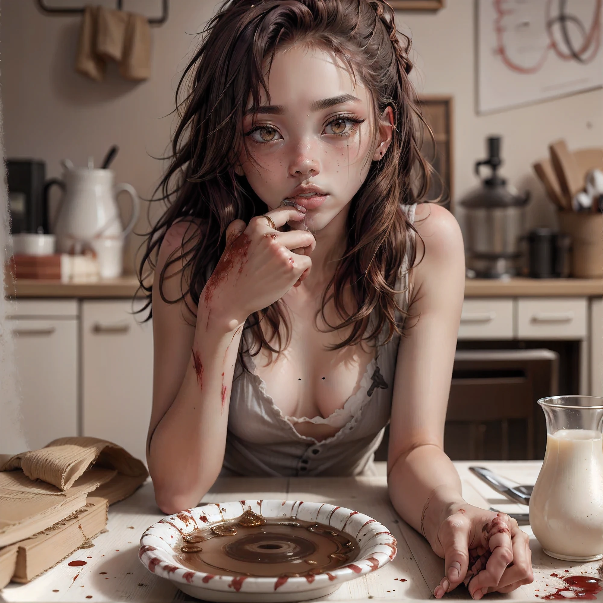 One, blonde girl, one eyed, brown eye, scared face, horror, despair, wound, blood on the face, looking up, masterpiece, Best quality, dark background, night