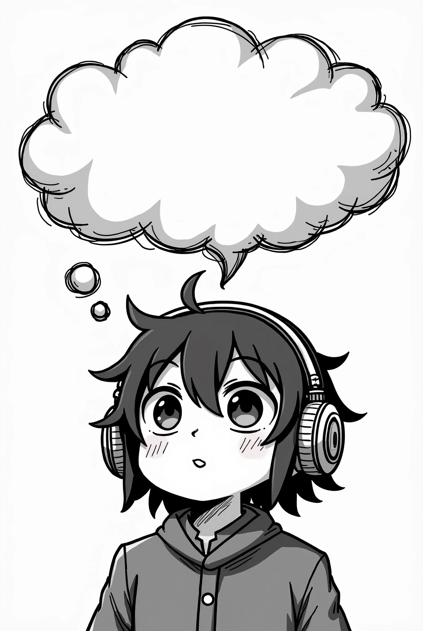 JUJUTSU KAİSEN, The words are wearing headphones. with a large thought bubble above their head.. Black and white background. 