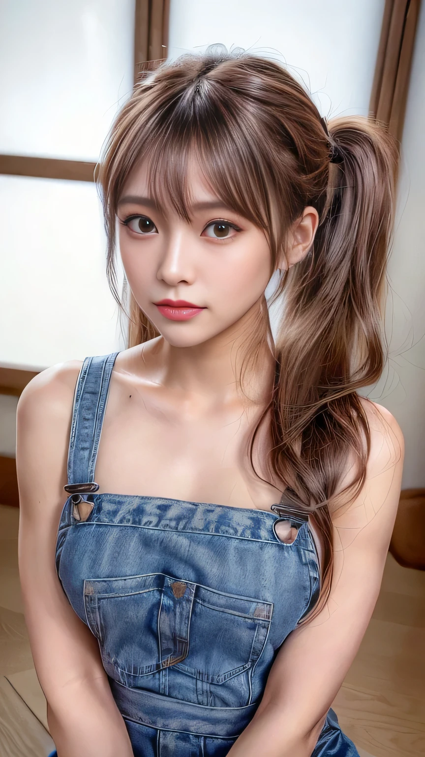blush,,Small breasts,Long hair ponytail,European cityscape,Denim overalls,Face close-up,((8k, RAW Photos, Highest quality, The pieces fly:1.2), (reality, Realistic:1.4), (Highly detailed 8K wallpapers), Written boundary depth, Cinema Lighting, Soft Light, Detailed beauty eyes,Shiny and smooth light brown ponytail, Asymmetrical bangs, Glowing Skin, Highly detailed skin ,High resolution, Attention to detail, Detailed hairstyle, Detailed beauty face, Hyper Real, Perfect limbs, Perfect Anatomy ,One of the Japan,Famous Japanese Idols, Perfect female body,A shy smile,short eyelashes,double eyelid,Look straight here,Hairstyle: Ponytail,