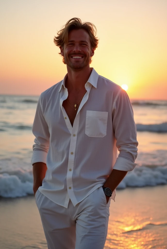 I want to create whole body with clothe of a man in seashore during sunset and posing it and I want to see the smile of a man