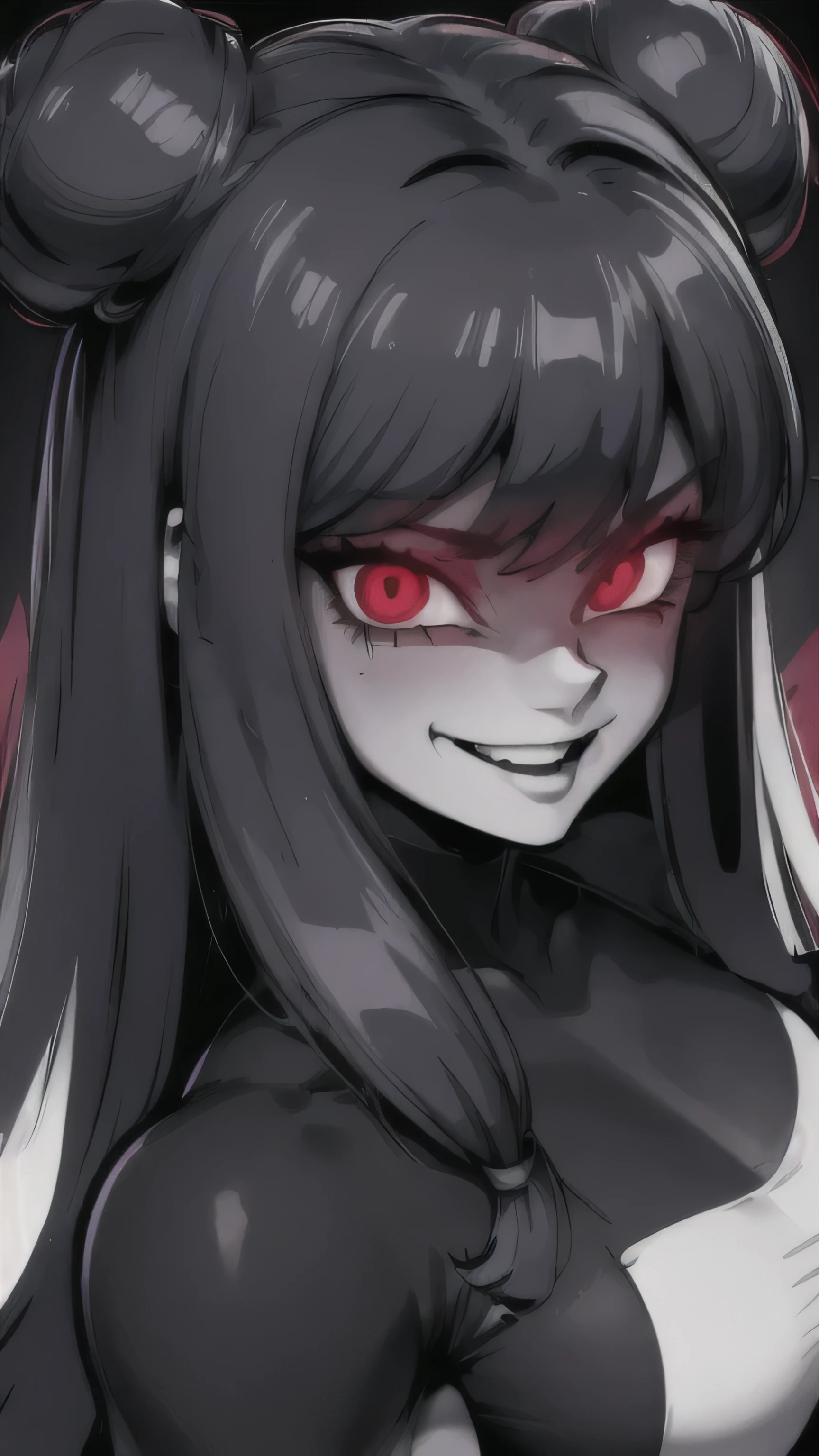 shampoo, fitness, muscular woman, sexy, beautiful, , red glowing eyes, gesugao,  big evil smile grim, portrait, close up, greyscale, black and white, bun head double tail