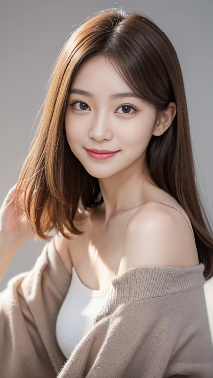 (Highly detailed CG Unity 8K wallpapers, Highest quality, Very detailed, Looking at the camera:1.2, The light shines on your face:1.5, Gray background, Professional Lighting), Japanese women, 26 years old, Brightly lit upper body composition of a face. She has an oval face, Soft arched eyebrows, bright expressive eyes,,, pronounced nose, And a friendly smile. Her hair is shoulder-length, straight, Dyed a pale chestnut color, Probably soft colors, Embody her lively and sociable personality
