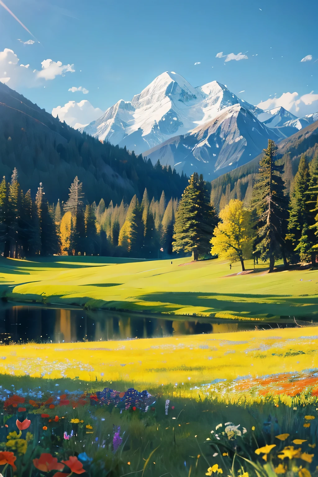 "Create a breathtaking scene of untouched nature. Picture a vast meadow filled with wildflowers in a rainbow of colors, stretching out toward a horizon lined with towering pine trees. In the distance, a range of rolling hills or mountains rises majestically, their peaks capped with snow. A crystal-clear river winds through the landscape, reflecting the blue sky dotted with fluffy white clouds. The sunlight bathes everything in a warm, golden glow, and the scene is teeming with life—birds soaring in the sky, butterflies fluttering above the flowers, and the gentle rustle of leaves in the breeze. The overall mood should evoke peace, beauty, and the timeless serenity of nature."