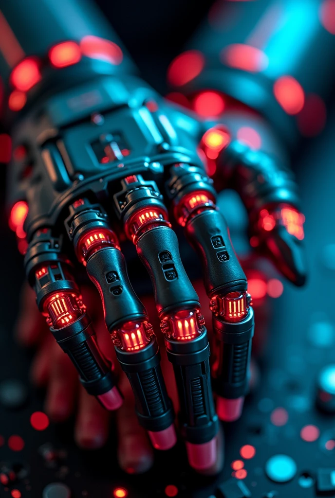Close-up of Cyborg's Hands with red and blue lights