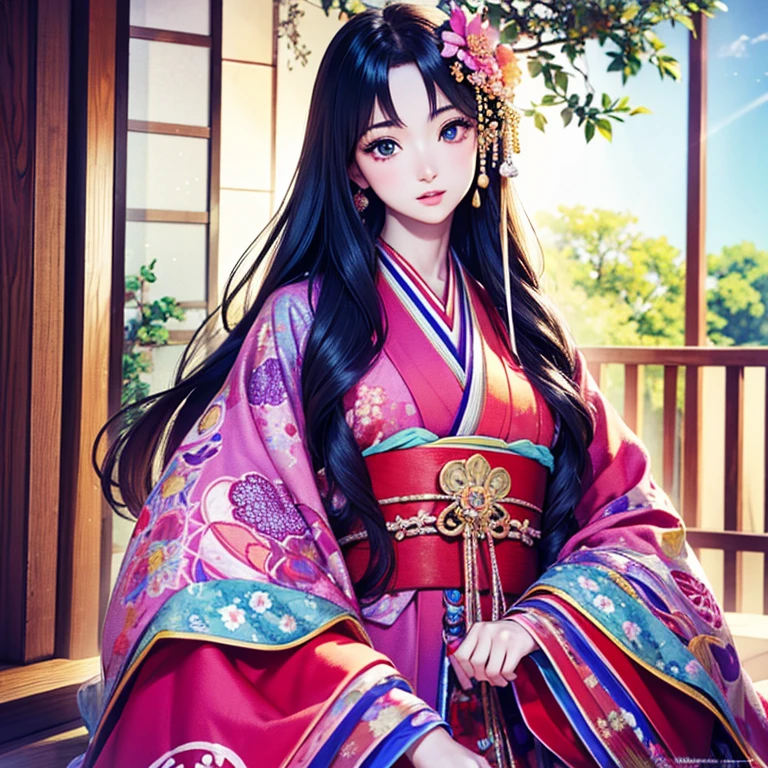 ( High resolution、 Super detailed、masterpiece、Highest quality、High resolution、8k、Detailed Anime)、Heian period、(NHK Taiga Drama、To the Shining One)、Fujiwara Akiko、Young beautiful woman、Beautiful Face、Beautiful Face、Pretty lips、12 single coats、(Full Body Shot)、Long black hair、Jewel Ornament、background、garden、Colorful flowers、Vibrant colors、Detailed CG、