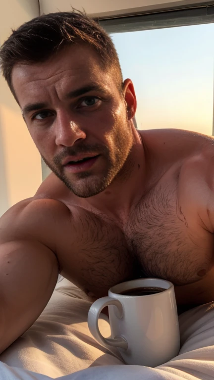 Muscular european 42yo man wakening-up on bed, flacid massive penis,foreskin, morning-wood, nice hairy chest with sweating drops, vivid color red lips, pleasure surprised face, mug of coffee, morning sun rise, staring at camera, messy wavy short hair