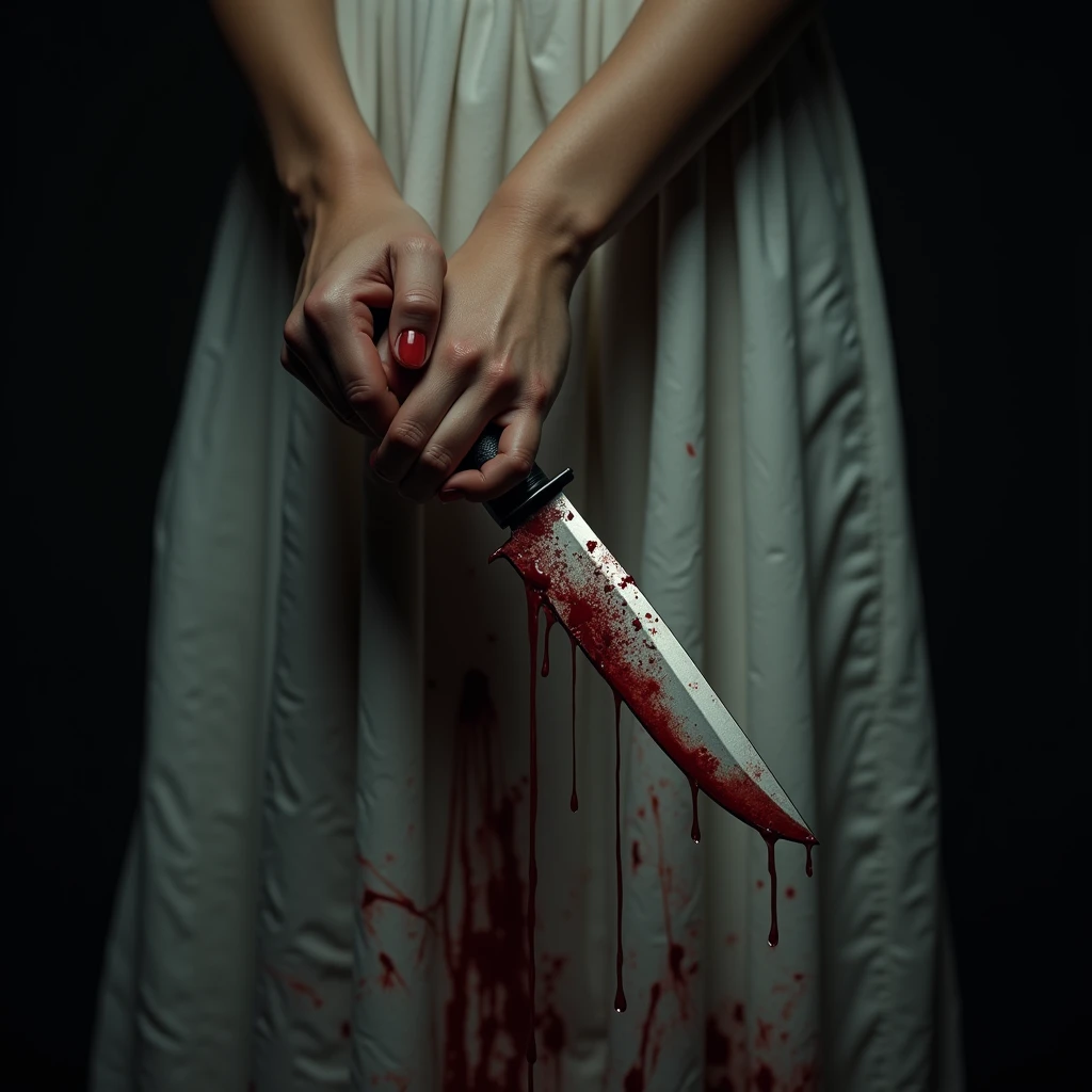 (a woman's closeup hands:2.0) gripping a bloodied large survival knife handle, white dress heavily stained with blood, blood dripping, horror,dramatic lighting,chiaroscuro,gritty,dark,moody,realistic,detailed,hyper-realistic,4k,8k,highres,masterpiece:1.2,ultra-detailed,realistic:1.37,professional,vivid colors,dramatic shadows