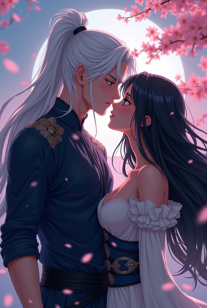 The same 2D anime man, with handsome white hair, white eyes with blue, brawny, in ninja clothes, kissing a black-haired woman