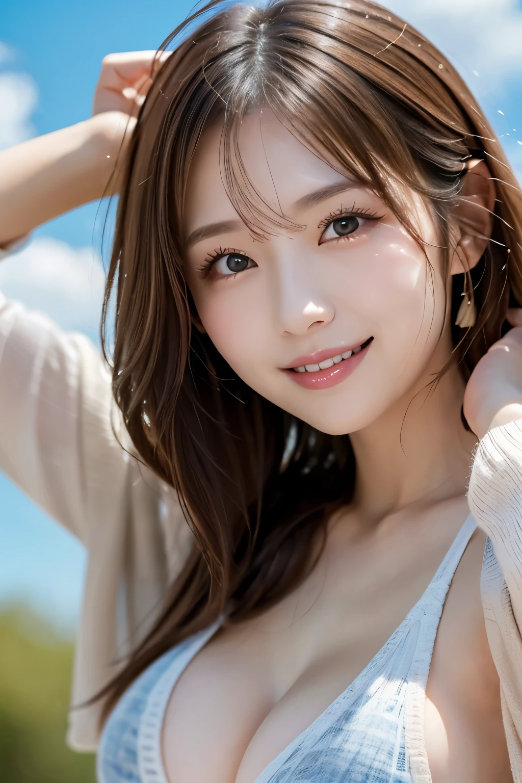 ((Shot from below with a wide-angle lens))、(Hair swaying in the wind)、Clear blue sky、Cumulonimbus clouds in the distance、White shirt、((smile))、(((Looking up at the sky)))、Japanese、female、Dazzling Sun、((Highest quality)), ((masterpiece)), (detailed), ((Highest quality))、8k、High resolution、Perfect Face, Japanese、28 years old、female、light light brown hair、Cleavage、Perfect Anatomy、Anatomically correct body、
