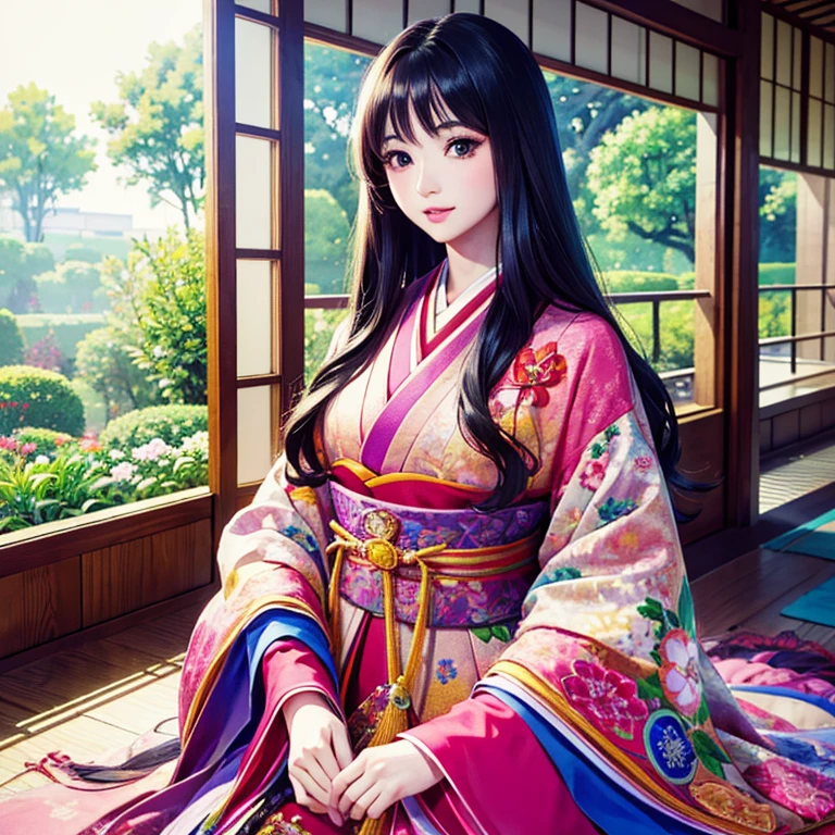 ( High resolution、 Super detailed、masterpiece、Highest quality、High resolution、8k、Detailed Anime)、Heian period、(NHK Taiga Drama、To the Shining One)、Fujiwara Akiko、Young beautiful woman、Beautiful Face、Beautiful Face、Pretty lips、12 single coats、(Full Body Shot)、Long black hair、Jewel Ornament、background、garden、Colorful flowers、Vibrant colors、Detailed CG、