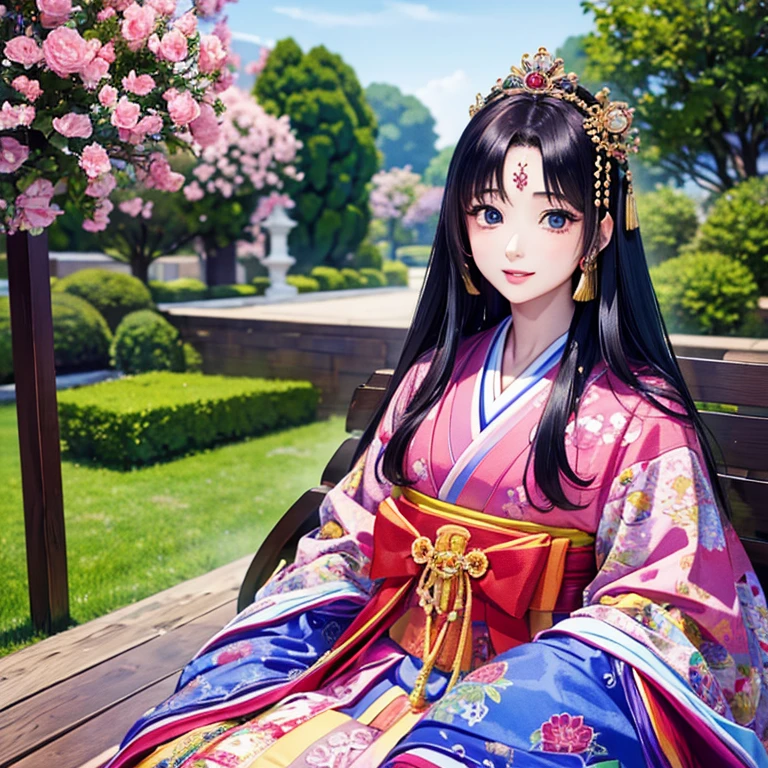 ( High resolution、 Super detailed、masterpiece、Highest quality、High resolution、8k、Detailed Anime)、Heian period、(NHK Taiga Drama、To the Shining One)、Fujiwara Akiko、Young beautiful woman、Beautiful Face、Beautiful Face、Pretty lips、12 single coats、(Full Body Shot)、Long black hair、Jewel Ornament、background、garden、Colorful flowers、Vibrant colors、Detailed CG、