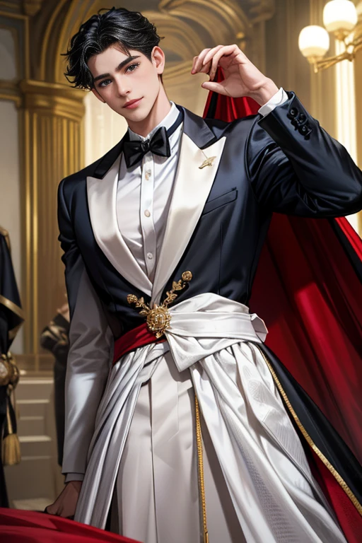 masterpiece, 最high quality, high quality, 1 boy, alone, Male focus, Watching the audience, Messy black hair, Adorable big blue eyes, White, Noble, Noble, Tuxedo、A very voluminous, large, very large, very large, long, long red and black cape with a high stand-up collar, reaching down to the floor, made of a lot of fabric., ,Cute beautiful boys,Cute, cute, gentle smiling handsome man