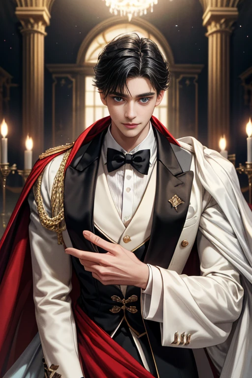 
masterpiece, 最high quality, high quality, 1 boy, alone, Male focus, Watching the audience,  Messy black hair, Adorable big blue eyes, White, Noble, Noble, Tuxedo、A very voluminous, large, very large, very large, long, long red and black cape with a high stand-up collar, reaching down to the floor, made of a lot of fabric., ,Cute beautiful boys,Cute, cute, gentle smiling handsome man