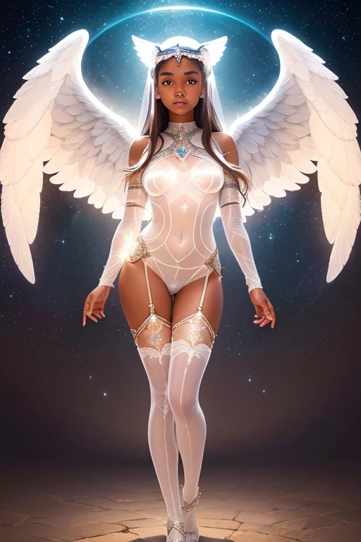 A - yr old nEuropean girl with lovely charminvg face,( brown skin texture masterpiece), (perfect full body detailed anatomy), (Super accessories detailed), (meditating ), (perfect detailed glowing bright eyes),(short  illuminating silver crystalized hair)，((expose big hard erect nipples))(( exposed panty ))(legs wide open showing pussy line)(( Wearing transparent illuminating costume of an angel))，holding a treasure swords (( illuminating different lights covering the sorrounding atmosphere)) Has beautiful large white wings, The character solemnly praying 