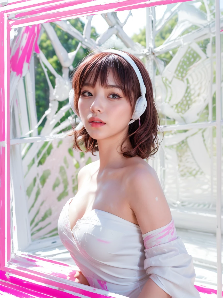 (8ก, Highest quality: 1.2), Very detailed, (Realistic, Realistic photo: 1.37), close-up, Portraiture, High resolution RAW color photograph, High resolution and beautiful, High resolution, 8ก Image Wallpaper, Amazing details, Large file size, Very detailed美しい, Very detailed face, Finely defined eyes, The skin texture is fine, All features are shown in detail, The outline of the fingers was beautifully drawn., The nose is precisely shaped, Expressive lips, red lipstick , Perfect Anatomy, ((Small breasts:1.5))、 ((( F16、Deep writing depth:1.5)))、A gentle smile、(((Very large white headphones:1.5)))、((White and orange print, straight, strapless dress:1.5))、((Short, curly hair with bangs in shocking pink:1.5))、((Bold eyeshadow makeup:1.5))、 BREAK、(((A window with a large white paint-coated wooden frame background: 1.5)))、(((White Room: 1.5)))、Clear blue sky、