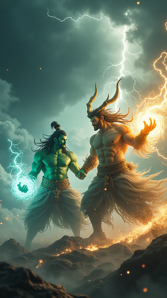 Create an image of Fūjin and raijin, symbols of natural power. Highlight the following features:

- **Fūjin**: The god of wind, manipulating the air with a bag symbolizing the wind. His green skin and dynamic pose embody the power of the wind.
- **raijin**: The god of thunder, expressing his power with thunderbolts. He should hold thunderbolts and emit powerful lightning energy.

Set the background to a grand scene reflecting the natural forces of wind and thunder, emphasizing the power of the two gods. The overall mood should be powerful and mystical.

Cinematic lighting、Ultra-realistic video、4K、8k