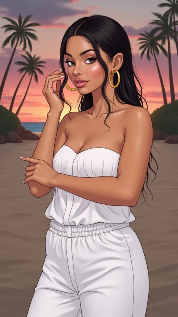 long black hair, skin tanned, gold hoop earrings
