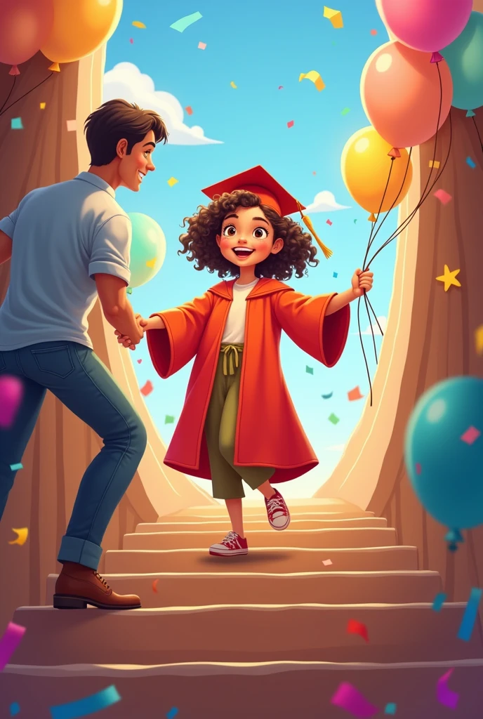 create cartoon girl up to uptairs and guided her mother and father to the top and the top see her future graduate and she is prayer