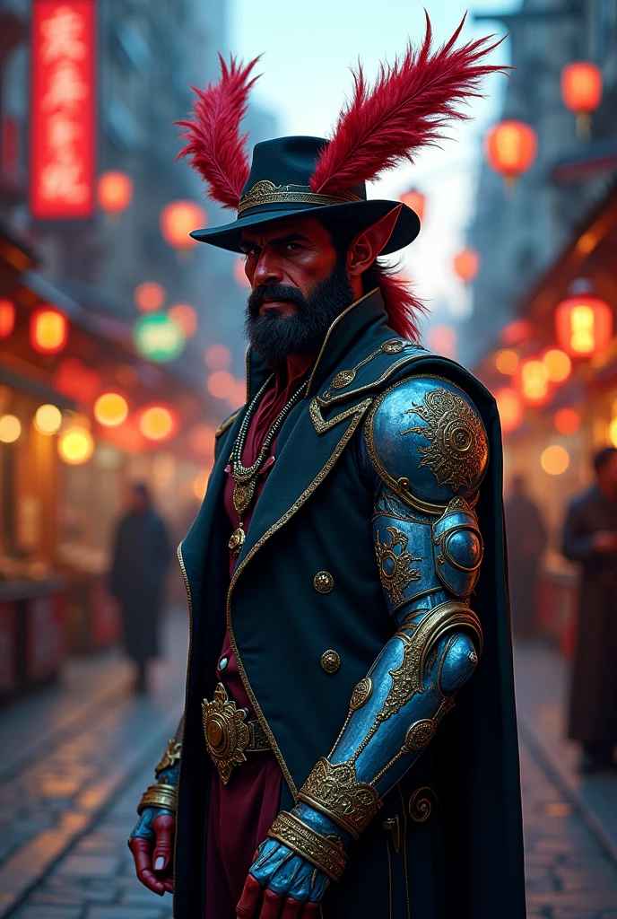 red horned tiefling macho
with a fedora hat adorned with feathers
with a left arm as a mechanical and magical prosthesis of a bluish tone with gold
left shoulder pad
elegant