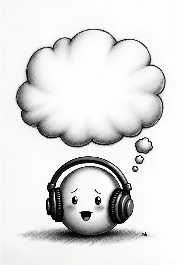 、The words are wearing headphones. with a large thought bubble above their head.. Black and white background. 