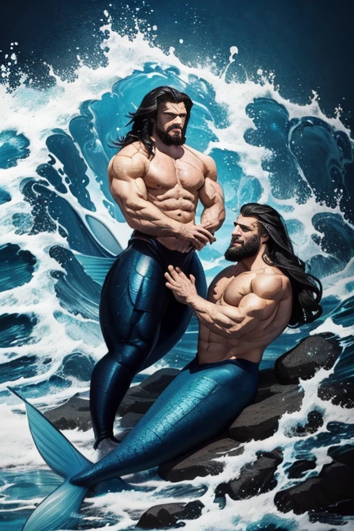 Two muscle male mermaid, gay couple, wrestling, lie on merman, muscles, two male bodybuilders, back, blue mermaid tail, black long beard, black long hair, holding and touching body, sea, big water wave, wallpaper 