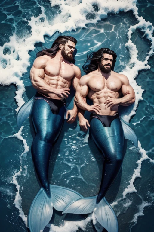 Two muscle male mermaid, gay couple, wrestling, lie on merman, muscles, two male bodybuilders, back, blue mermaid tail, black long beard, black long hair, holding and touching body, sea, big water wave, wallpaper 