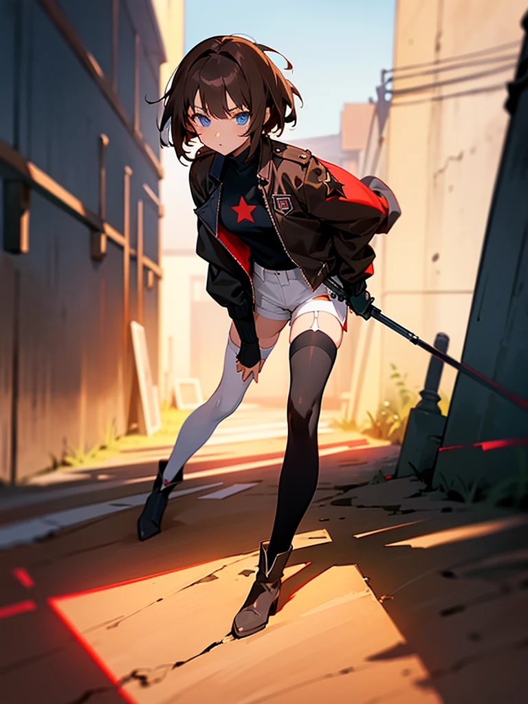 Anime girl, blue eyes, (short messy brown hair), assassin, longsleeved long jacket, black shirt with red star underneath. White shorts, Black thigh high socks, black heeled ankle boots. Black gloves. Garter on left thigh. Standing in alleyway, side-facing. Sunset, long shadows, detailed shading.
