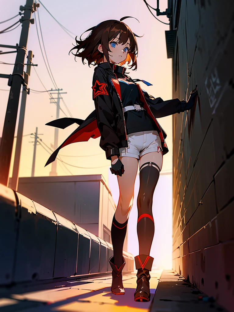 Anime girl, blue eyes, (short messy brown hair), assassin, longsleeved long jacket, black shirt with red star underneath. White shorts, Black thigh high socks, black heeled ankle boots. Black gloves. Garter on left thigh. Standing in alleyway, side-facing. Sunset, long shadows, detailed shading.