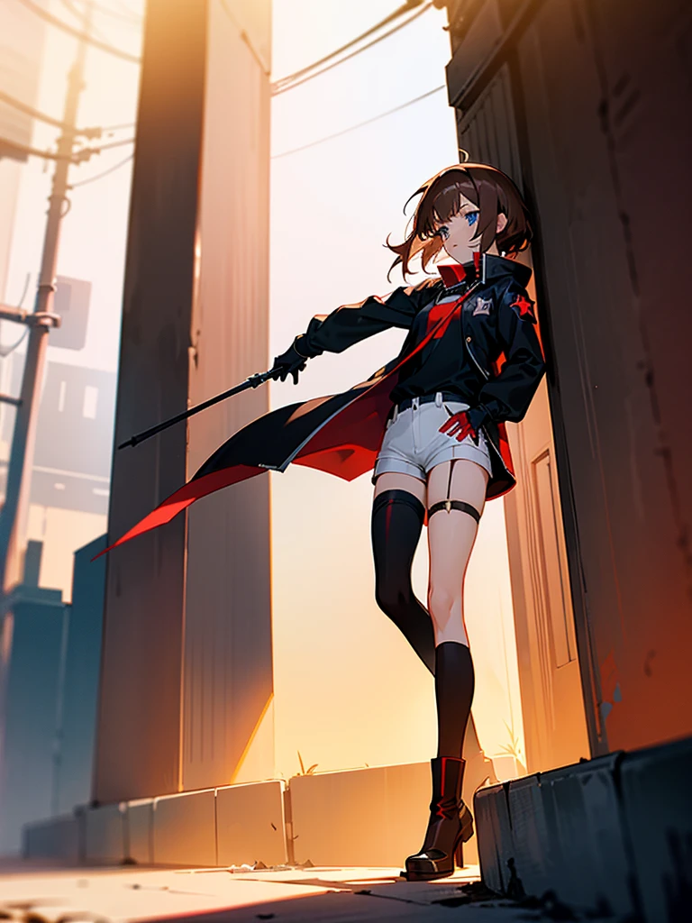 Anime girl, blue eyes, (short messy brown hair), assassin, longsleeved long jacket, black shirt with red star underneath. White shorts, Black thigh high socks, black heeled ankle boots. Black gloves. Garter on left thigh. Standing in alleyway, side-facing. Sunset, long shadows, detailed shading.