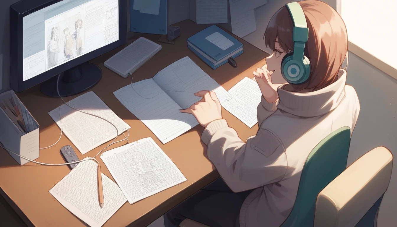anime girl sitting at a desk with headphones on, lofi girl, anime vibes, anime aesthetic, lofi vibes, lofi hip hop, lofi feel, lofi vibe, lofi girl aesthetic, anime picture, anime asthetic, lofi portrait, vibing to music, lofi