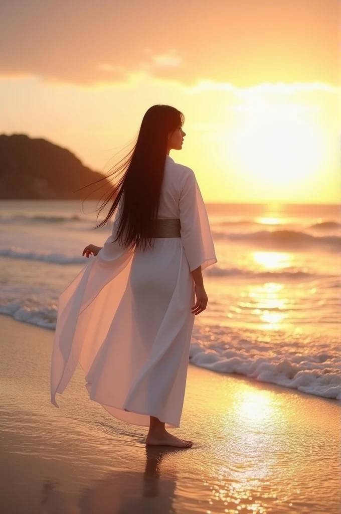 Japanese woman on the beach with her back to the camera 