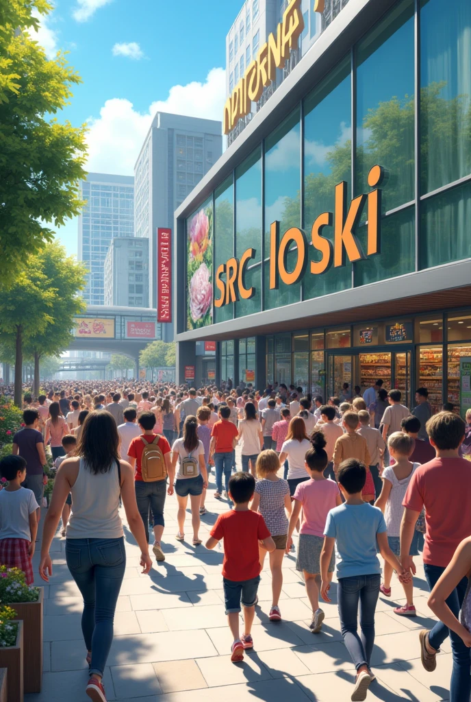 Create me a 4D image of many people scrambling to enter a modern grocery store called SRC RISKI, in high definition and detailed.