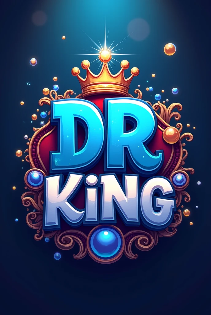 Logo with DR initials in cartoon font with blue and white colors, below write KING, with a crown, Full hd, animated background with king theme