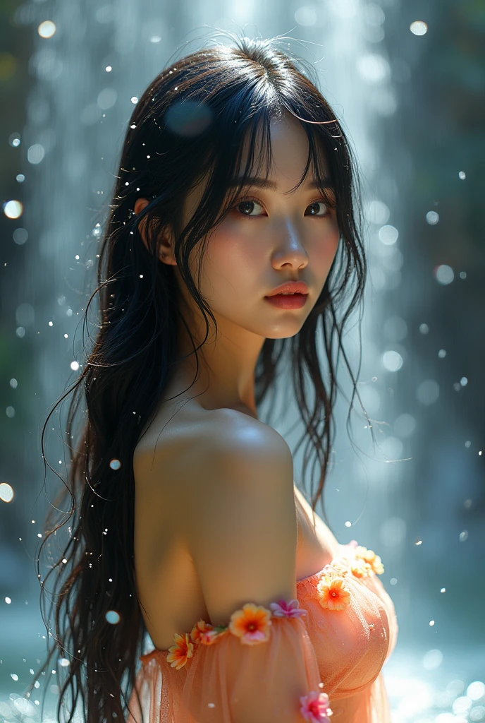 Best quality, masterpiece, super high resolution, a super model soaking in a hot spring in Japan, outdoor hot spring, stone hot spring, surrounded by moss and trees, super beautiful face, pure body, no makeup, clear pores visible, wearing split lace bandeau, micro breasts, small breasts, (realism: 1.8), original photo, soaked body, covered in sweat, bare shoulders, in the dark, deep shadows, low-key, cold light