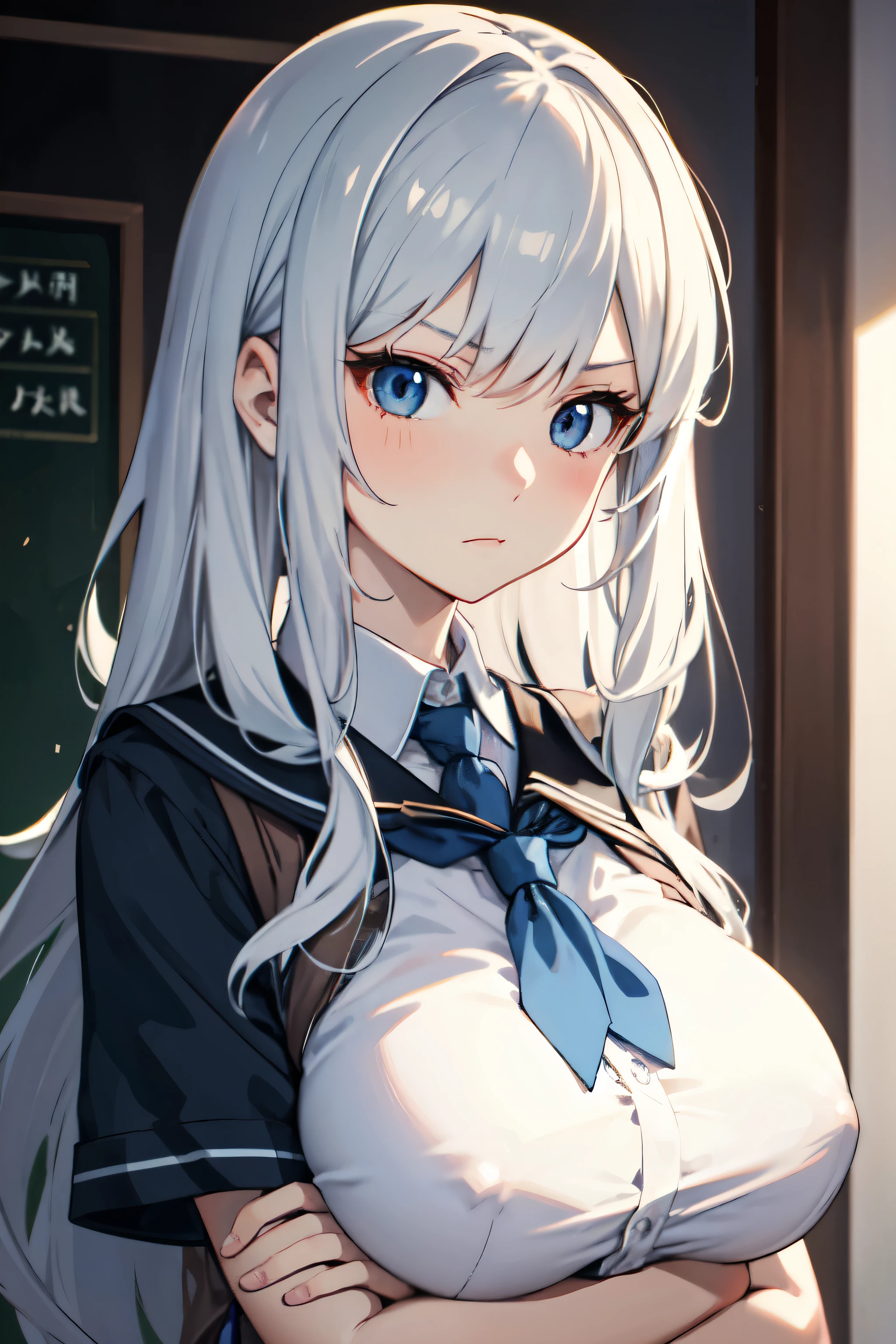 (girl)), ((anime)), 1girl, long hair, silver hair, hime cut, 2 sidelocks, stern expression, dark blue eyes, fair skin, big breasts, honor student