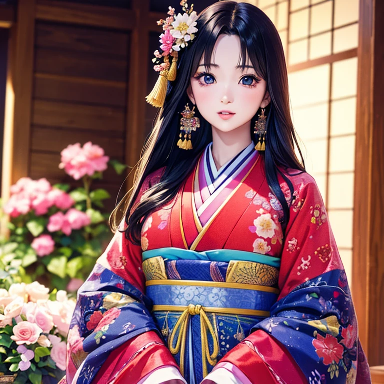 ( High resolution、 Super detailed、masterpiece、Highest quality、High resolution、8k、Detailed Anime)、Heian period、(NHK Taiga Drama、To the Shining One)、Fujiwara Akiko、Young beautiful woman、Beautiful Face、Beautiful Face、Pretty lips、12 single coats、(Full Body Shot)、Long black hair、Jewel Ornament、background、garden、Colorful flowers、Vibrant colors、Detailed CG、