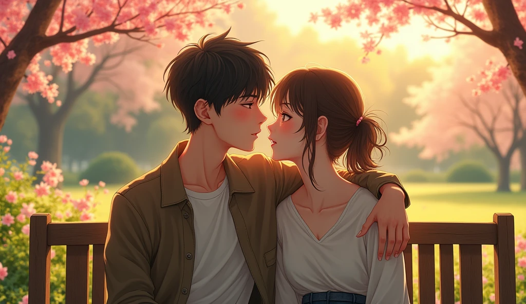 (best quality, masterpiece, ultra detailed, ultra high res, photorealistic, raw photo, absurdres, absolutely resolution), Side shot: A teenage Japanese male idol and a teenage Japanese female idol are sitting on a park bench. The teenage Japanese male idol is whispering something to the teenage Japanese female idol.