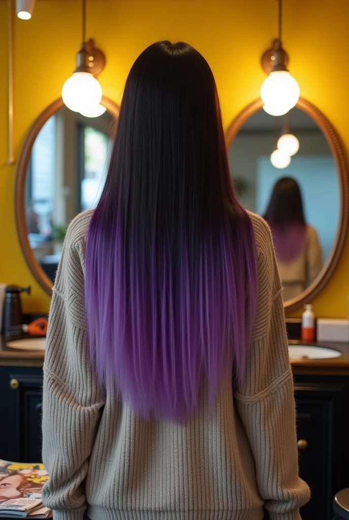 A korean age girl with long purple layered hair, black on the top part of the hair, slowly turn into purple, back side of the girl, no need the face. Back ground is in a barber shop