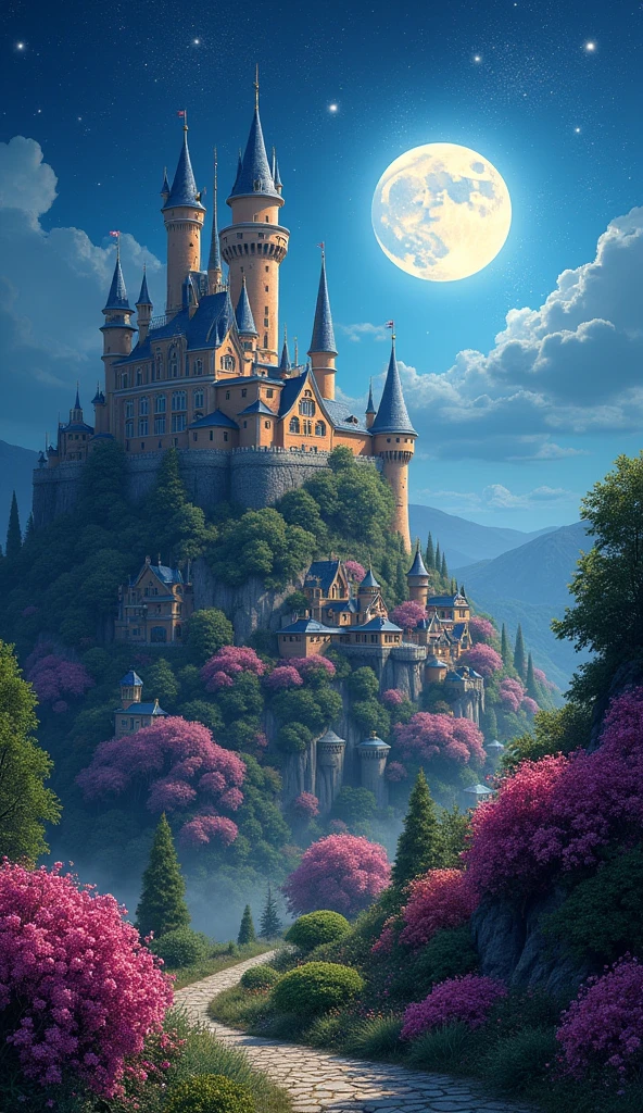 Create a kingdom too big with a castle and its village, filled with flowers everywhere, on the walls, Shrubs, Houses, everywhere, and that it is night with a full moon.