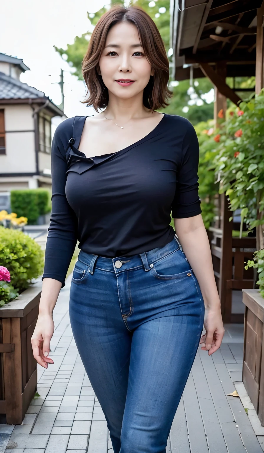 Beautiful Japanese Women、Beautiful Mature Woman、Classy sex appeal、sexy、Perfect Lighting、Beauty、Transparent beauty、8K High Resolution、Beauty in natural light、High resolution、Photorealistic、Masterpiece、smile、Gravure quality、55-year-old Mrs.、Plump body shape、Tight denim pants、Earth color t-shirt、garden、Standing and bending forward