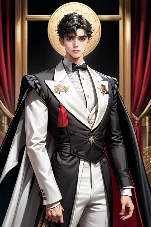 masterpiece, 最high quality, high quality, 1 boy, alone, Male focus, Watching the audience, Messy black hair, Adorable big blue eyes, White, Noble, Noble,A sexy, voluminous, puffy cape、tuxedo、A very voluminous, large, very large, very large, long, long red and black cape with a high stand-up collar, made of a lot of fabric that reaches down to the floor., ,Cute beautiful boys,Cute, cute, kind, handsome guy