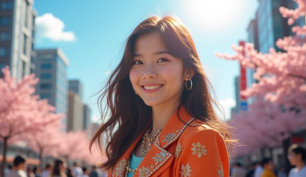 (best quality, masterpiece, ultra detailed, ultra high res, photorealistic, raw photo, absurdres, absolutely resolution), Front shot: Under the bright sun, a age Japanese female idol is smiling at the camera.