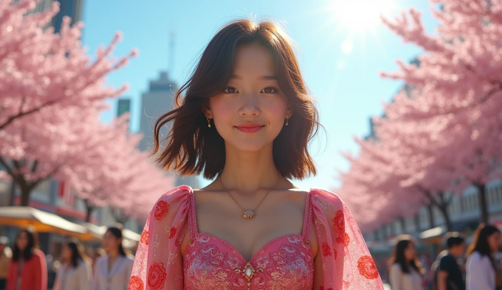 (best quality, masterpiece, ultra detailed, ultra high res, photorealistic, raw photo, absurdres, absolutely resolution), Front shot: Under the bright sun, a teenage Japanese female idol is smiling at the camera.