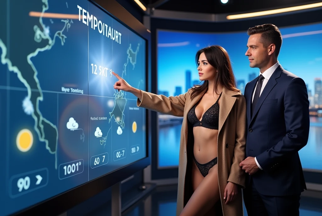 Magnificent detail, 8K Photos, hyper- realism, realistic background, visual depth, wide angle lens, professional light. {The scene shows a beautiful brunette woman with white skin, weather presenter in the studio of a news program, fully opening her overcoat, to showcase your perfect body next to a small touch-screen that the anchor presenter uses to show the forecast of high temperatures. She is presenting the weather forecast by pointing to the screen next to her.. She wears daring lingerie, super cleavage, low-rise panties, fine, showing their thighs and their soft, large natural breasts. Cintura fine, wide hip. Her body is curvy, delicious. big boobies, natural and soft. The weather forecast predicts high temperatures. She's standing next to a male presenter anchor, He's wearing a formal suit and tie. Both are in the background of the photo, near the screen. She's talking.  Meteorology. Telejournal. exhibitionism