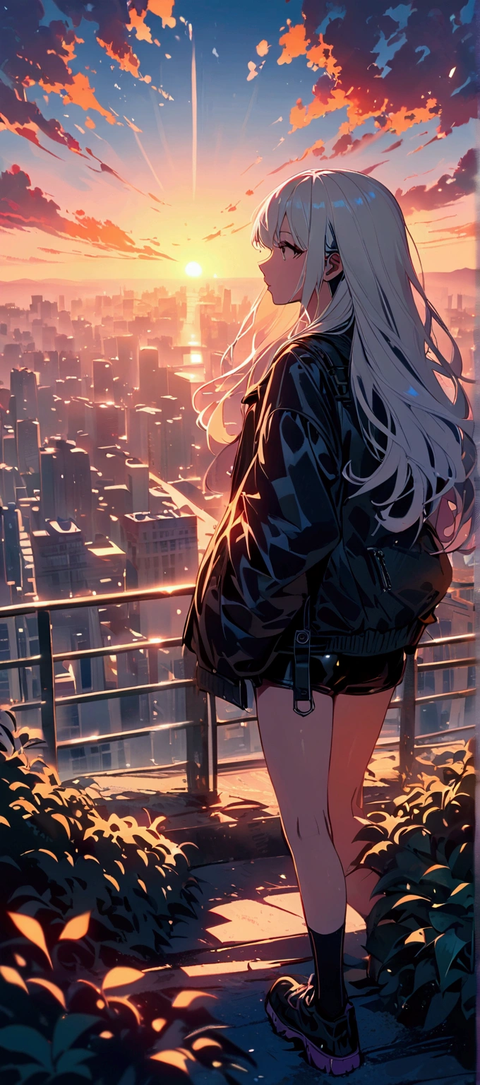 ((Cool girls)), black clothes, white hair, long hair, sunrise