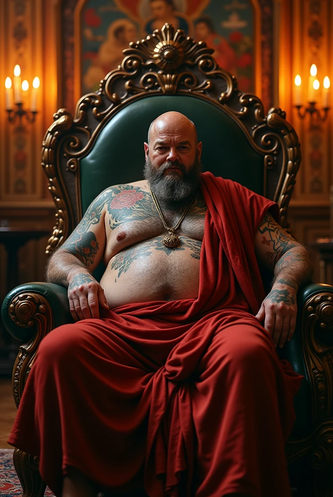 A fat monk, with thinning hair, covered in tattoos all over his body, male, sit on throne, bulge in pants, penis outline, body fluid.